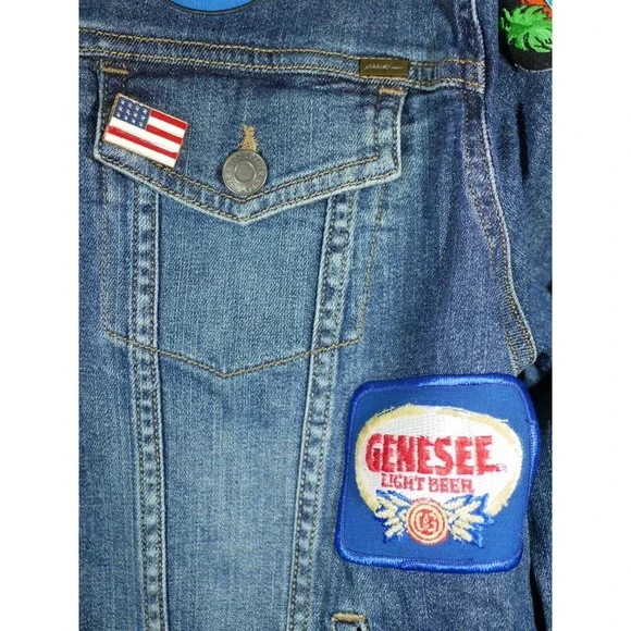 Eddie Bauer Denim Jean Jacket Patches Women XL Biker Bike Week Bands Beer - Picture 8 of 16